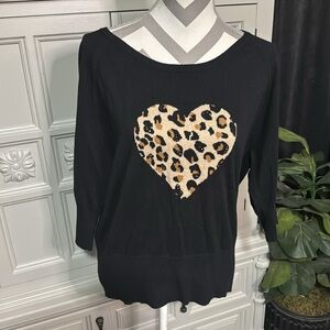 Black Top with Leopard Print Heart in Center By Lane Bryant - 14/16